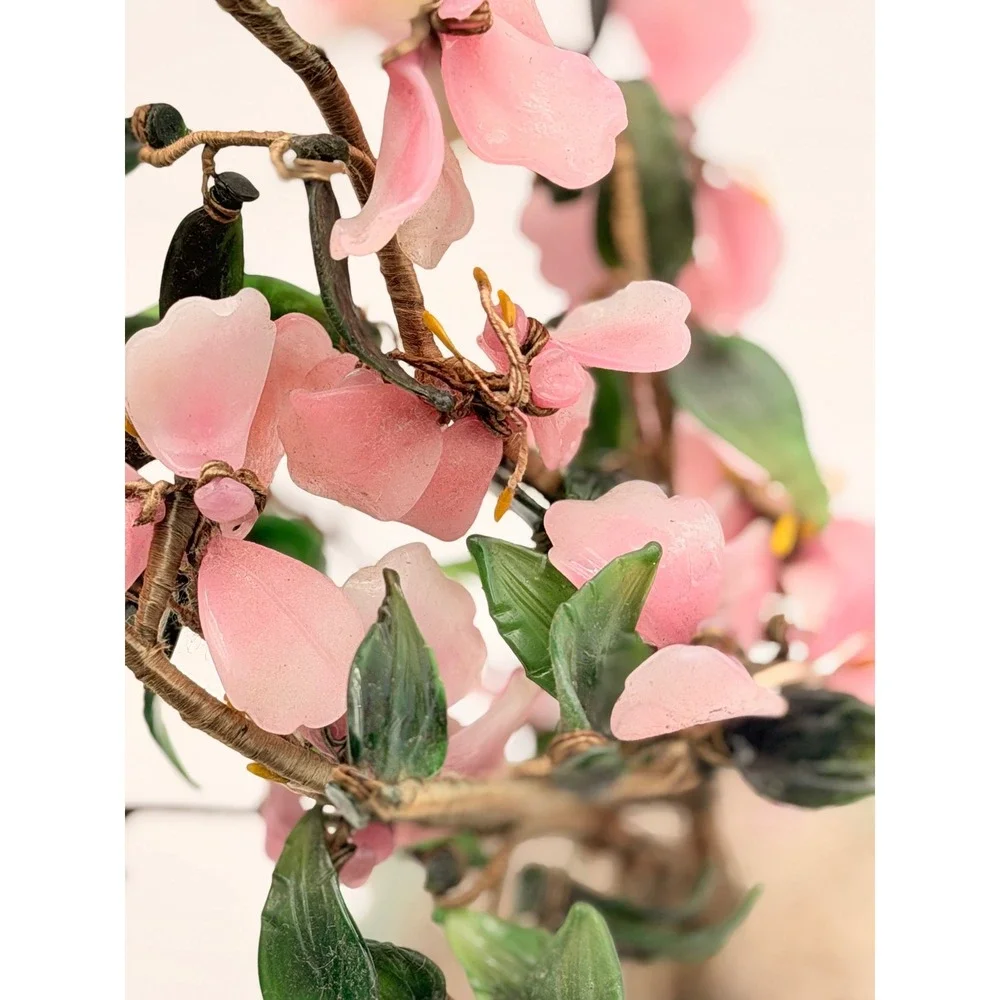 Vintage Glass Cherry Blossom Bonsai Tree Celadon Ceramic Pot Pink Green Asian